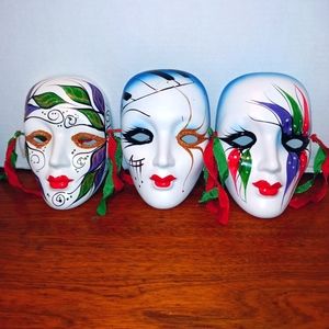 Vintage Mardi Gras/Harlequin Hand Painted Wall Face Masks, New Orleans 6"